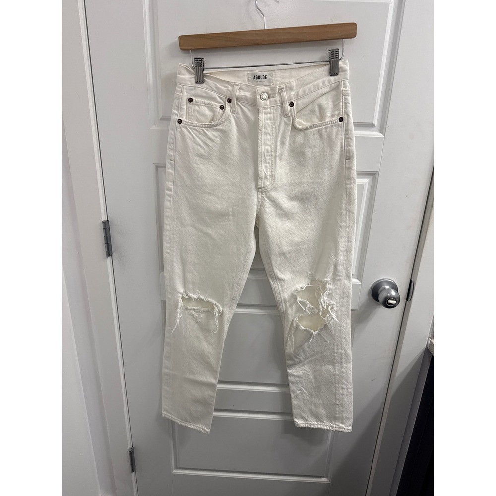 Agolde Los Angeles White Distressed High Rise Straight Leg Jeans Womens Size 26